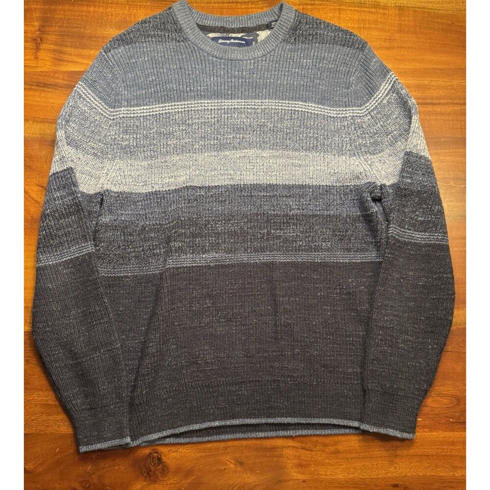 Tommy Bahama Mens L Large Blue Gray Striped Ribbed Knit Cotton Crewneck Sweater